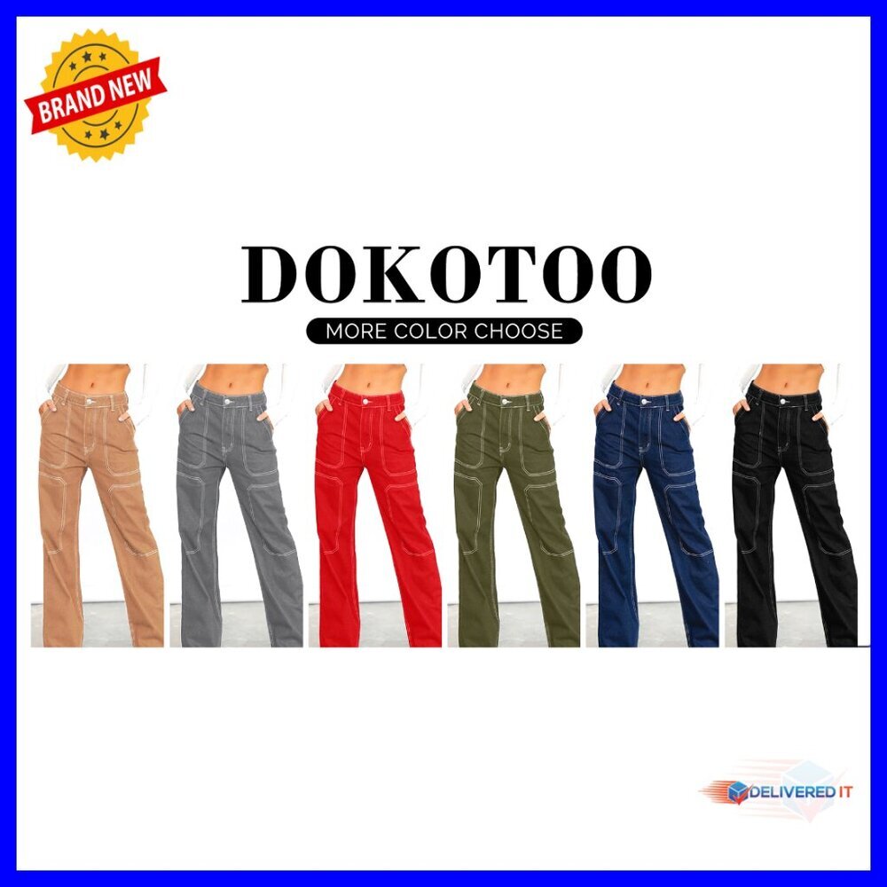Mid Waist Cargo Jeans Stretch Button Wide Leg Denim Pants Casual Y2K - Picture 5 of 5
